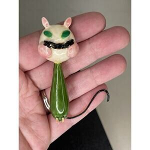 Vintage Sandor Kitty Cat Enamel Gold Tone Pin Brooch Green Eyes Unique